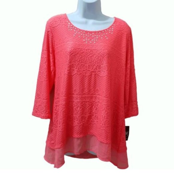 JM COLLECTION Lace Chiffon Hem Top Coral Size Small - Picture 1 of 4